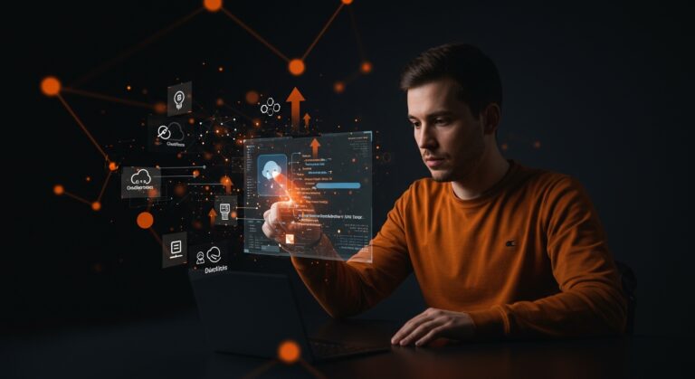 Founder tech interactuando con interfaz holográfica de bot Telegram serverless usando Cloudflare Workers y Durable Objects.
