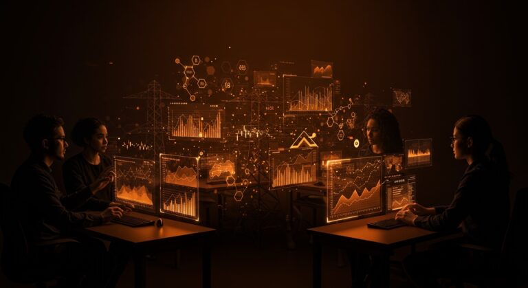 Motor de IA para trading de mercados eléctricos con financiación de 75 millones liderada por Lightspeed, representado con fundadores tech y visualización de redes neuronales en paleta naranja y negro.