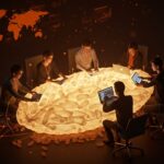 Fundadores de startups colaborando alrededor de una mesa luminosa en forma de arroz, simbolizando la cultura organizacional y cooperación en equipos globales.