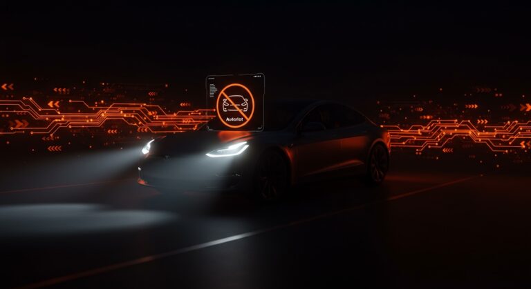 Tesla elimina Autopilot en California para evitar suspensión, imagen del vehículo con interfaz de conducción autónoma desvaneciéndose, simbolizando regulación y movilidad autónoma.