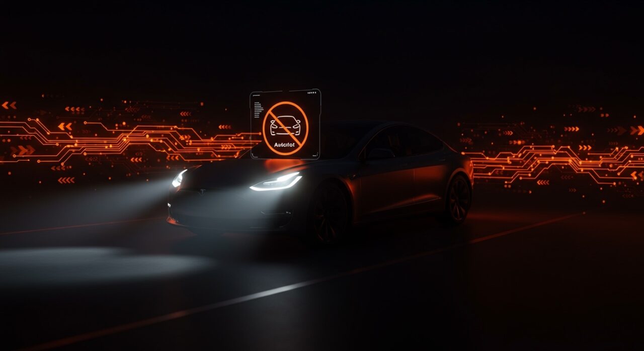 Tesla elimina Autopilot en California para evitar suspensión, imagen del vehículo con interfaz de conducción autónoma desvaneciéndose, simbolizando regulación y movilidad autónoma.