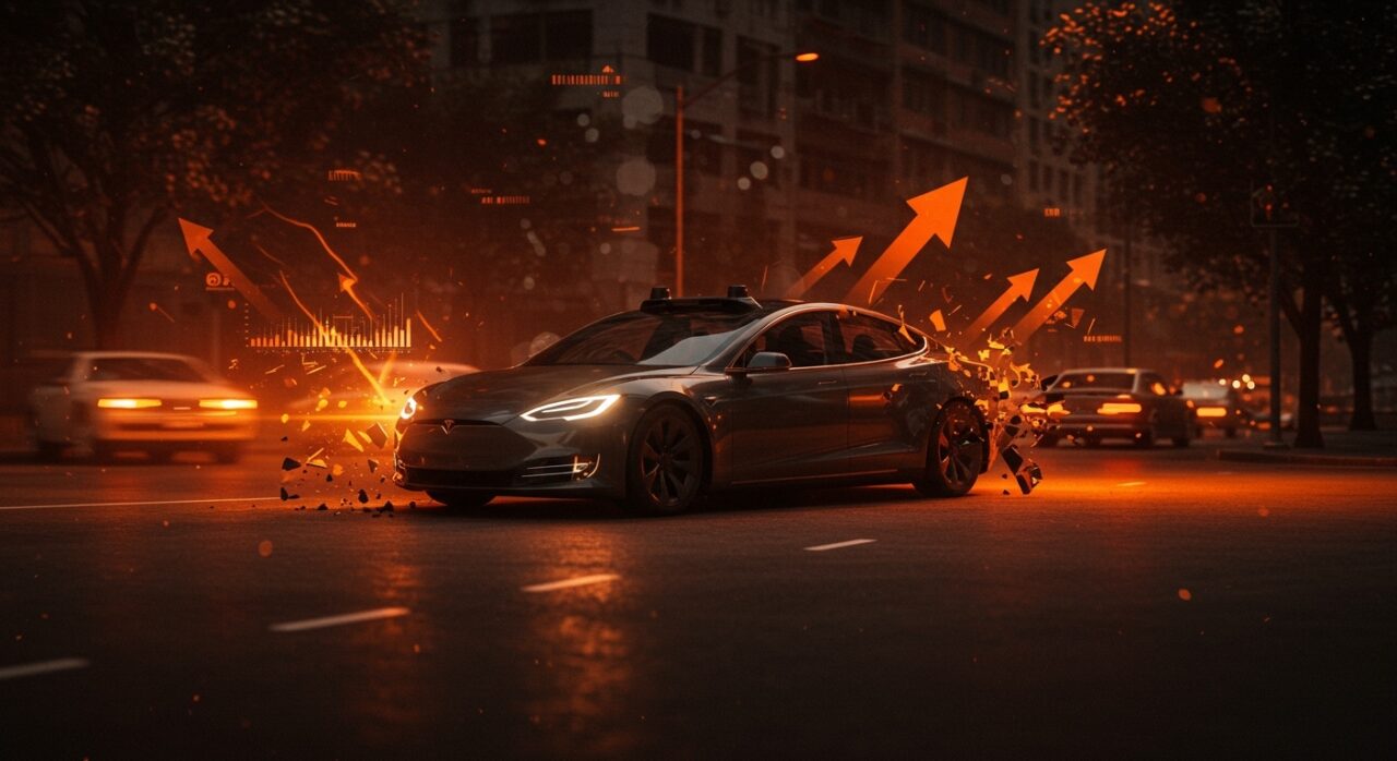 Tesla robotaxis con tasa de accidentes cuatro veces mayor que conductores humanos mostrando riesgo en vehículos autónomos y movilidad startup.