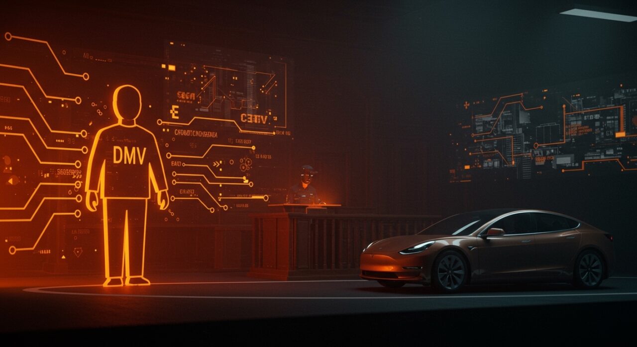 Tesla enfrentándose a la regulación del California DMV en una batalla legal sobre Autopilot y movilidad autónoma.