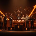 Ganadores de startups semilla celebrando inversión global de capital semilla en torneo de funding con ambientación en tonos naranja y negro.