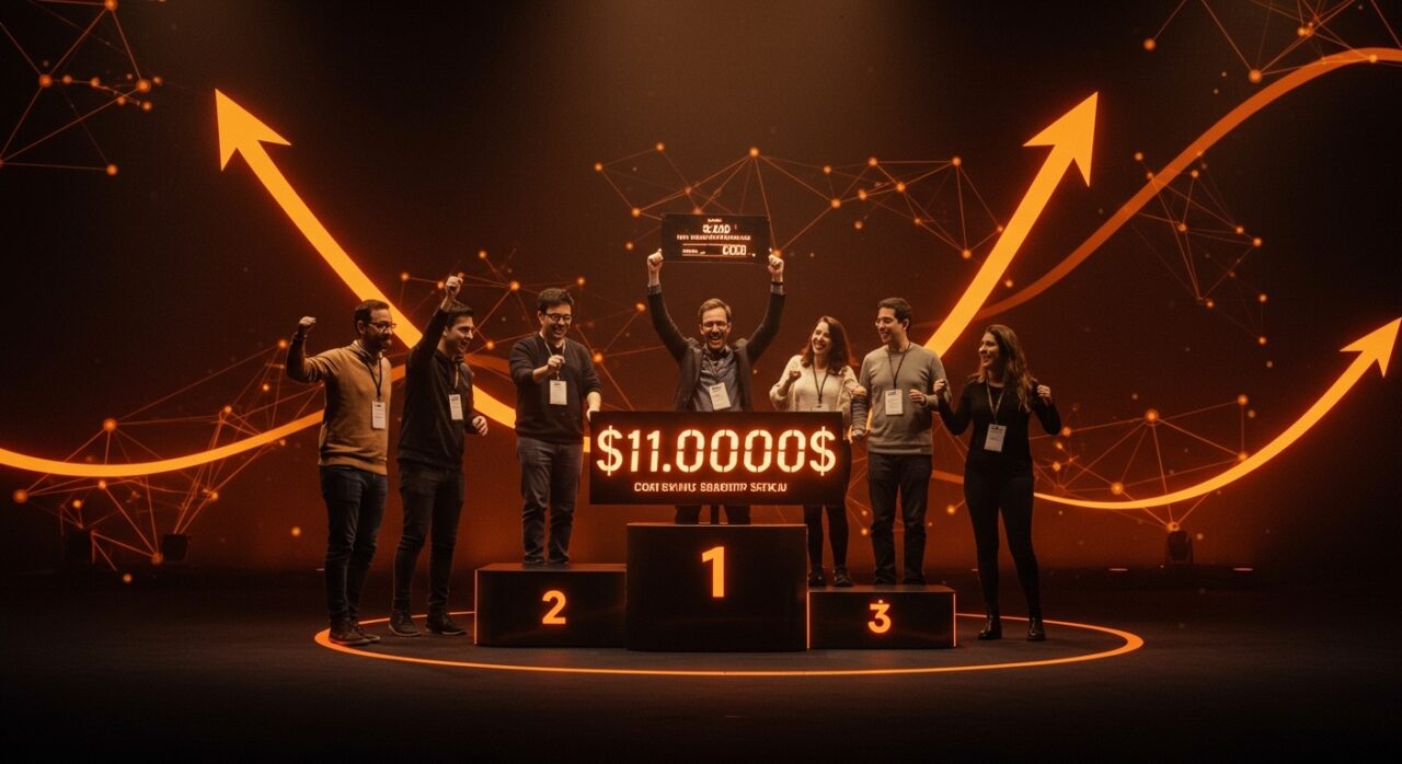 Ganadores de startups semilla celebrando inversión global de capital semilla en torneo de funding con ambientación en tonos naranja y negro.