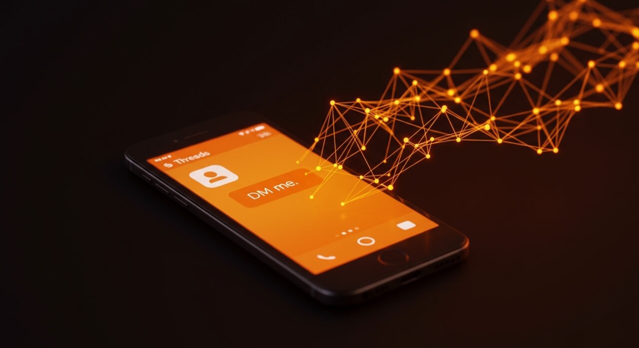 Interfaz de Threads mostrando comando DM para iniciar mensajes directos, impulsando la comunicación privada en startups y redes sociales.