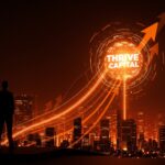 Silueta de fundador tech frente a un paisaje digital iluminado, simbolizando el levantamiento de 10 mil millones de dólares en capital de riesgo por Thrive Capital para startups en LATAM.