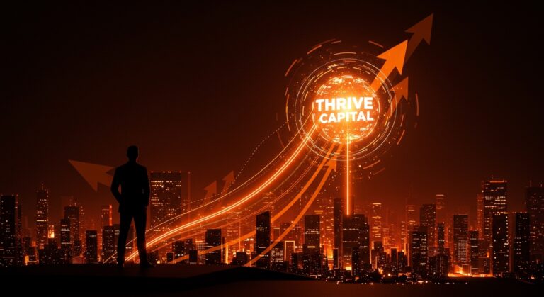 Silueta de fundador tech frente a un paisaje digital iluminado, simbolizando el levantamiento de 10 mil millones de dólares en capital de riesgo por Thrive Capital para startups en LATAM.