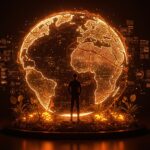 Fundador tecnológico visualizando oportunidades en el mercado de climate tech con un símbolo de tierra invernadero digital.