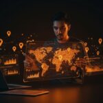 Founder de startup tech interactuando con mapa digital geolocalizado destacando TikTok Local Feed y estrategias de personalización de contenido.