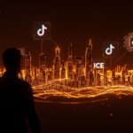 Silueta de fundador tecnológico observando vigilancia digital masiva mediante datos de TikTok e ICE, simbolizando privacidad y vigilancia en startups.