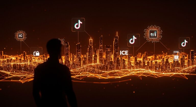 Silueta de fundador tecnológico observando vigilancia digital masiva mediante datos de TikTok e ICE, simbolizando privacidad y vigilancia en startups.