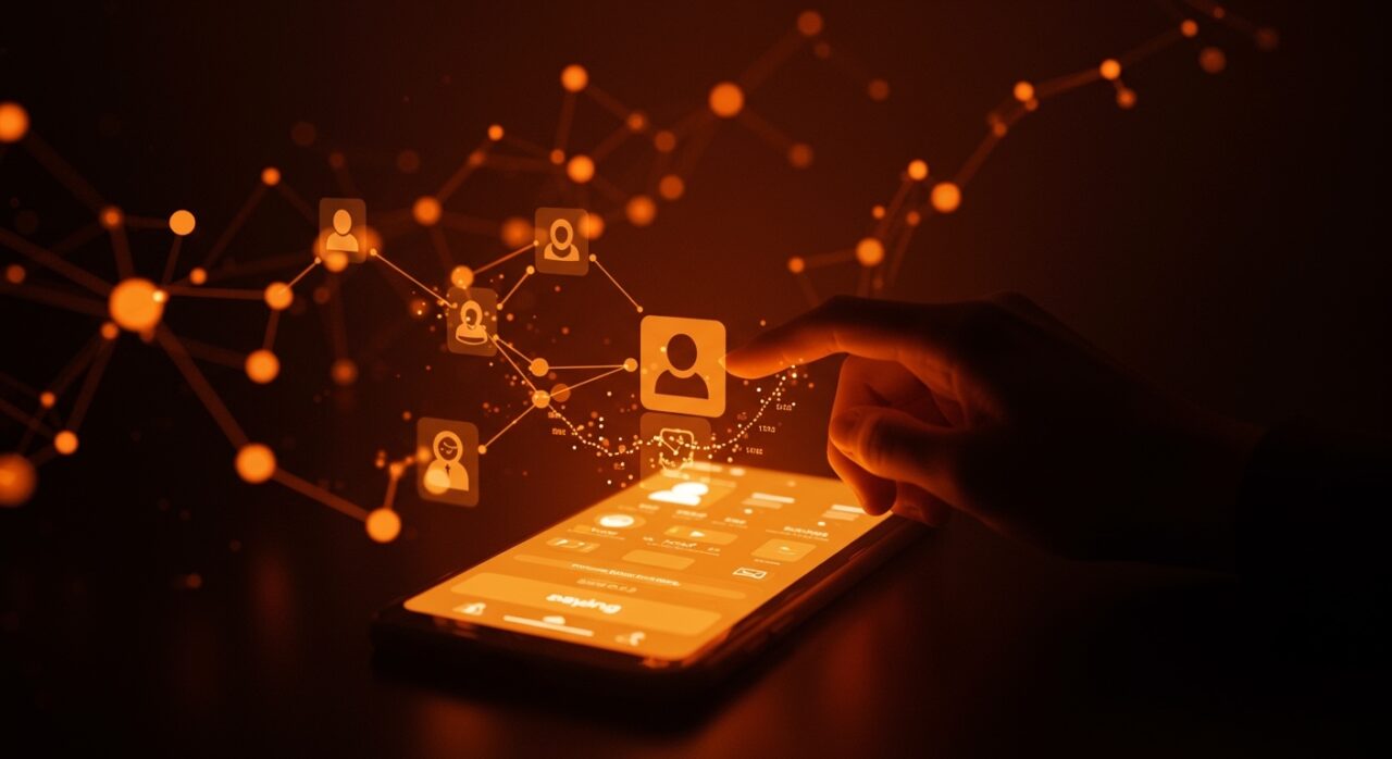 Interfaz de app de citas con IA aplicada mejorando la experiencia y retención de usuarios en Tinder contra la fatiga de deslizar.