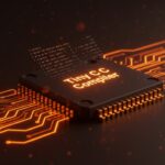 Tiny C Compiler resaltado con luces naranjas y negras en un microchip representando compilación rápida y optimización de código para startups tech.