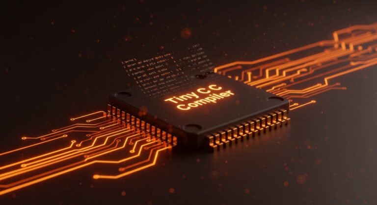 Tiny C Compiler resaltado con luces naranjas y negras en un microchip representando compilación rápida y optimización de código para startups tech.