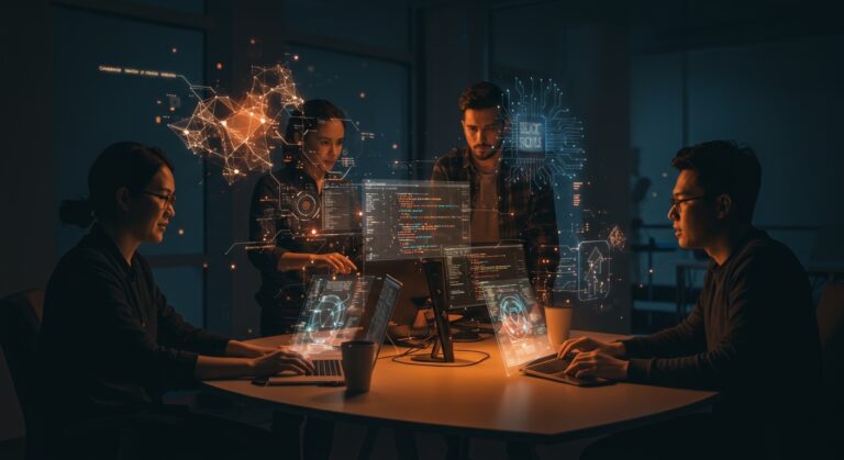 Founding engineers colaborando en startup tecnológica con IA aplicada, resaltando oportunidades en desarrollo full stack y automatización.