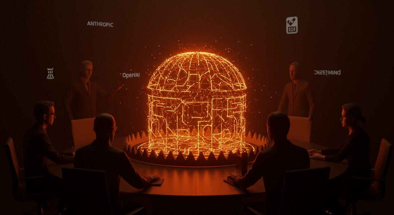 Ilustración editorial que representa la trampa de la autoregulación en IA por Anthropic, OpenAI y Google DeepMind, destacando vulnerabilidades en gobernanza y tendencias del mercado tech.