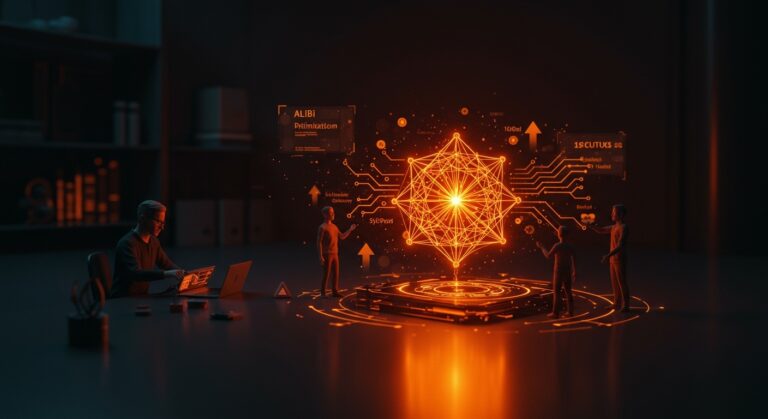 Modelo transformer minimalista eficiente en IA para startups, destacando optimización de parámetros y técnicas ALiBi en un entorno de trabajo moderno.