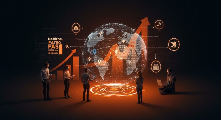 Grupo de emprendedores colaborando con holograma de rutas turísticas y tecnología, simbolizando el crecimiento de startups traveltech en España y el ranking Deloitte Fast 50.