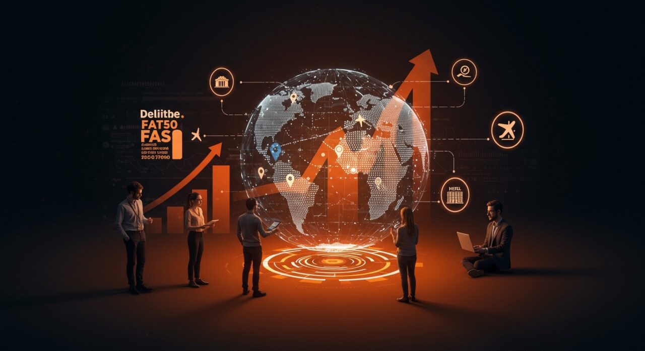 Grupo de emprendedores colaborando con holograma de rutas turísticas y tecnología, simbolizando el crecimiento de startups traveltech en España y el ranking Deloitte Fast 50.