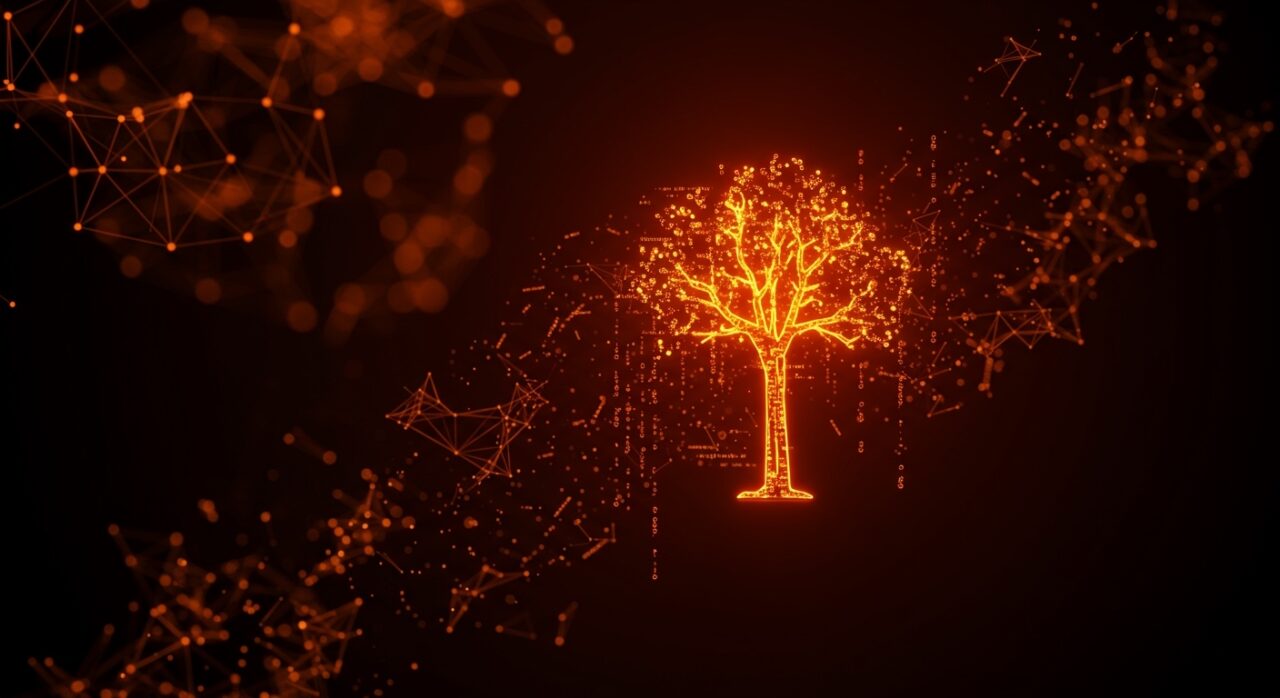Visualización de un árbol sintáctico digital iluminado en naranja y negro que representa tree-sitter en Go optimizado para parsing incremental y desarrollo de herramientas con alto rendimiento.