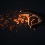 Algoritmo de raíz cuadrada inversa rápida de Quake 3 representado con códigos y estructuras geométricas en la paleta naranja y negra de tecnología startup.