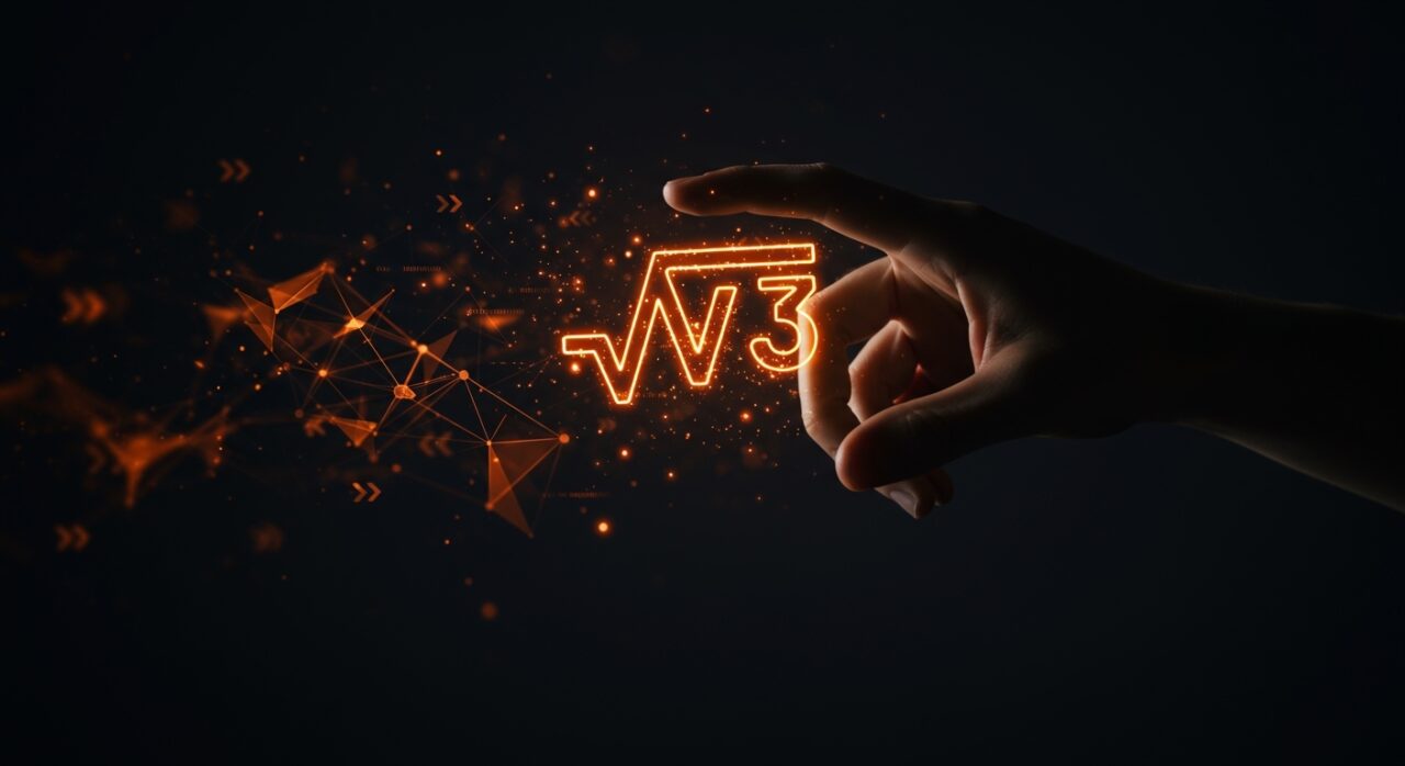 Algoritmo de raíz cuadrada inversa rápida de Quake 3 representado con códigos y estructuras geométricas en la paleta naranja y negra de tecnología startup.