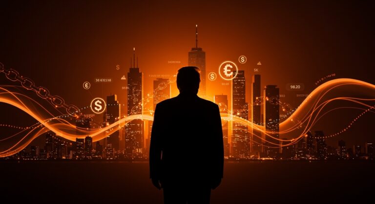 Donald Trump y la familia generando ganancias millonarias en criptomonedas, fintech y bienes raíces con metáforas visuales de inversión política y conflictos de interés.