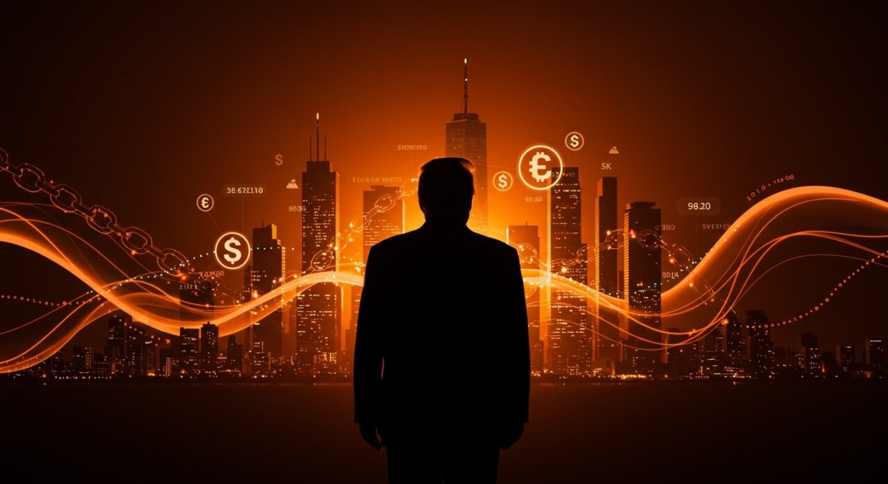 Donald Trump y la familia generando ganancias millonarias en criptomonedas, fintech y bienes raíces con metáforas visuales de inversión política y conflictos de interés.