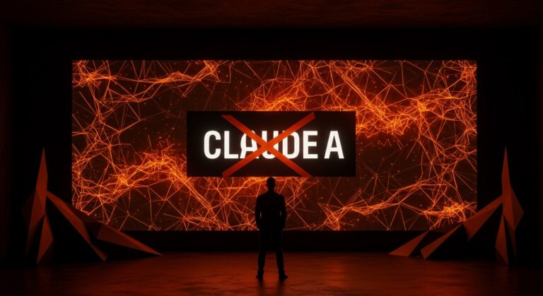 Imagen editorial de prohibición de Anthropic AI en agencias federales con metáforas de inteligencia artificial y políticas tecnológicas de Estados Unidos.