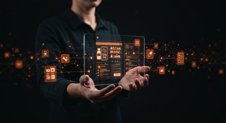 Plataforma digital TrumpRx mostrando medicamentos con descuento en un modelo directo al consumidor, ilustrando la disrupción en la industria farmacéutica y salud digital.