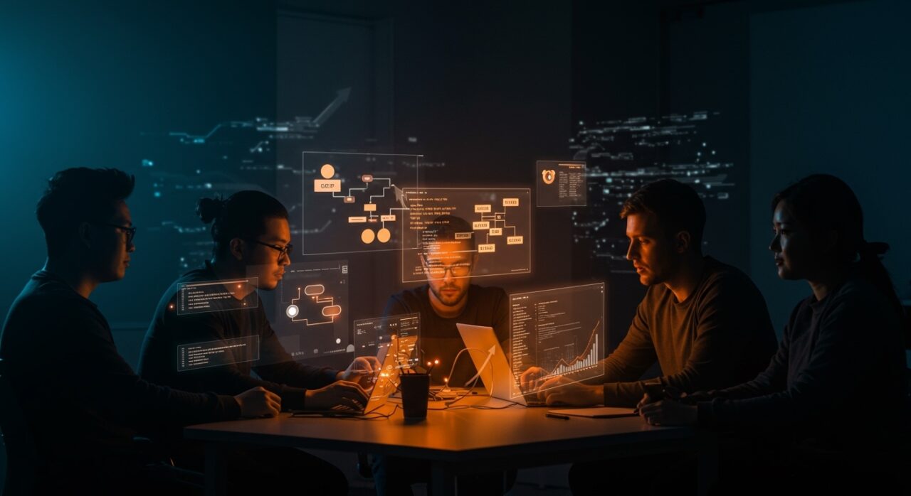 Equipo de desarrolladores en startup aplicando Trunk Based Development con integración continua y despliegue ágil en un entorno digital moderno.