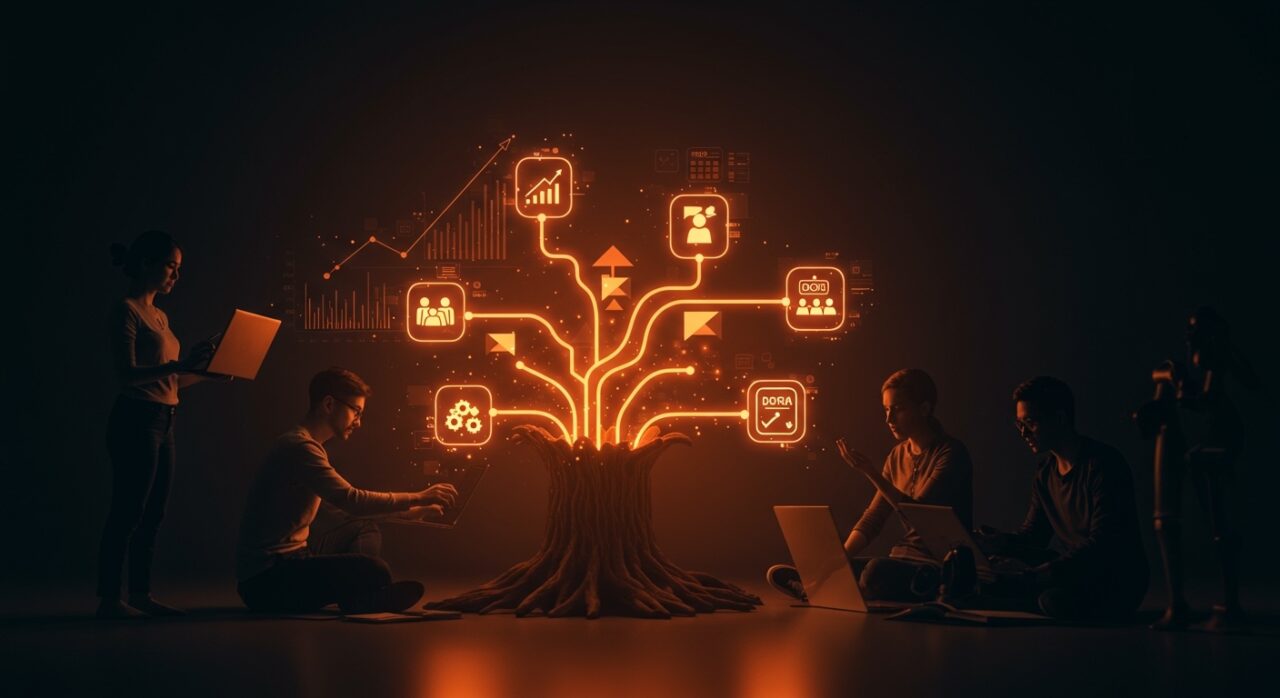 Equipo de startup implementando Trunk Based Development con feature flags y métricas DORA para despliegue continuo en startups tecnológicas.