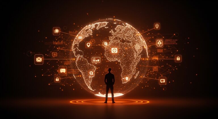 Founder frente a un globo digital con datos y símbolos de privacidad, representando productos digitales globales y compliance internacional en startups tech.