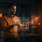 Profesional de ventas de GTM trabajando con interfaces holográficas de IA para automatización en la industria alimentaria startup.