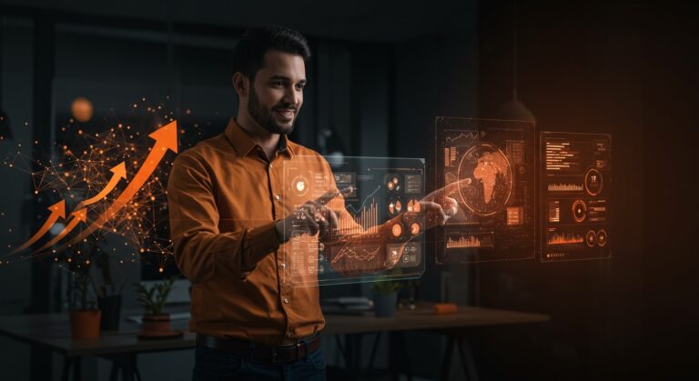 Profesional de ventas de GTM trabajando con interfaces holográficas de IA para automatización en la industria alimentaria startup.