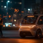 Robotaxi autónomo de Uber en un entorno urbano futurista, representando la innovación en vehículos autónomos y automatización de movilidad.