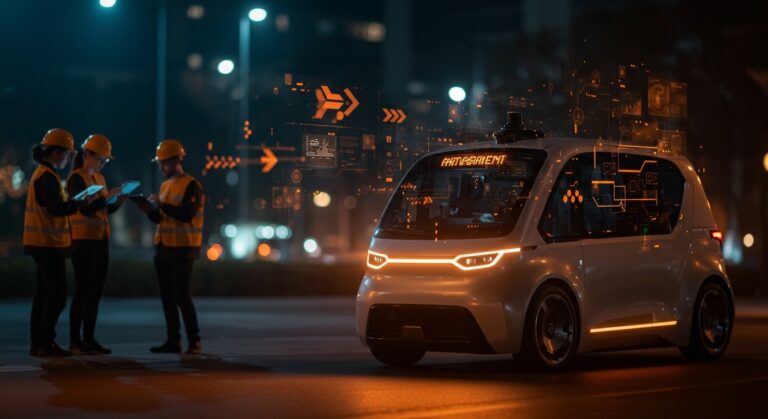 Robotaxi autónomo de Uber en un entorno urbano futurista, representando la innovación en vehículos autónomos y automatización de movilidad.