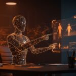 Chatbot de inteligencia artificial de CEO de Uber interactuando en entorno futurista para práctica de pitches en innovación empresarial.