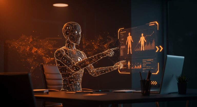 Chatbot de inteligencia artificial de CEO de Uber interactuando en entorno futurista para práctica de pitches en innovación empresarial.