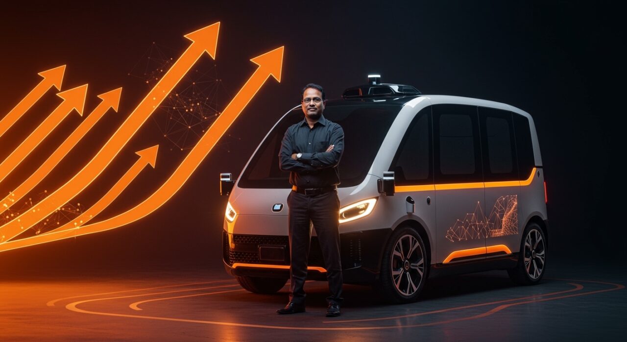 Balaji Krishnamurthy nuevo CFO de Uber frente a un robotaxi autónomo, simbolizando la estrategia y expansión en movilidad autónoma y liderazgo financiero.
