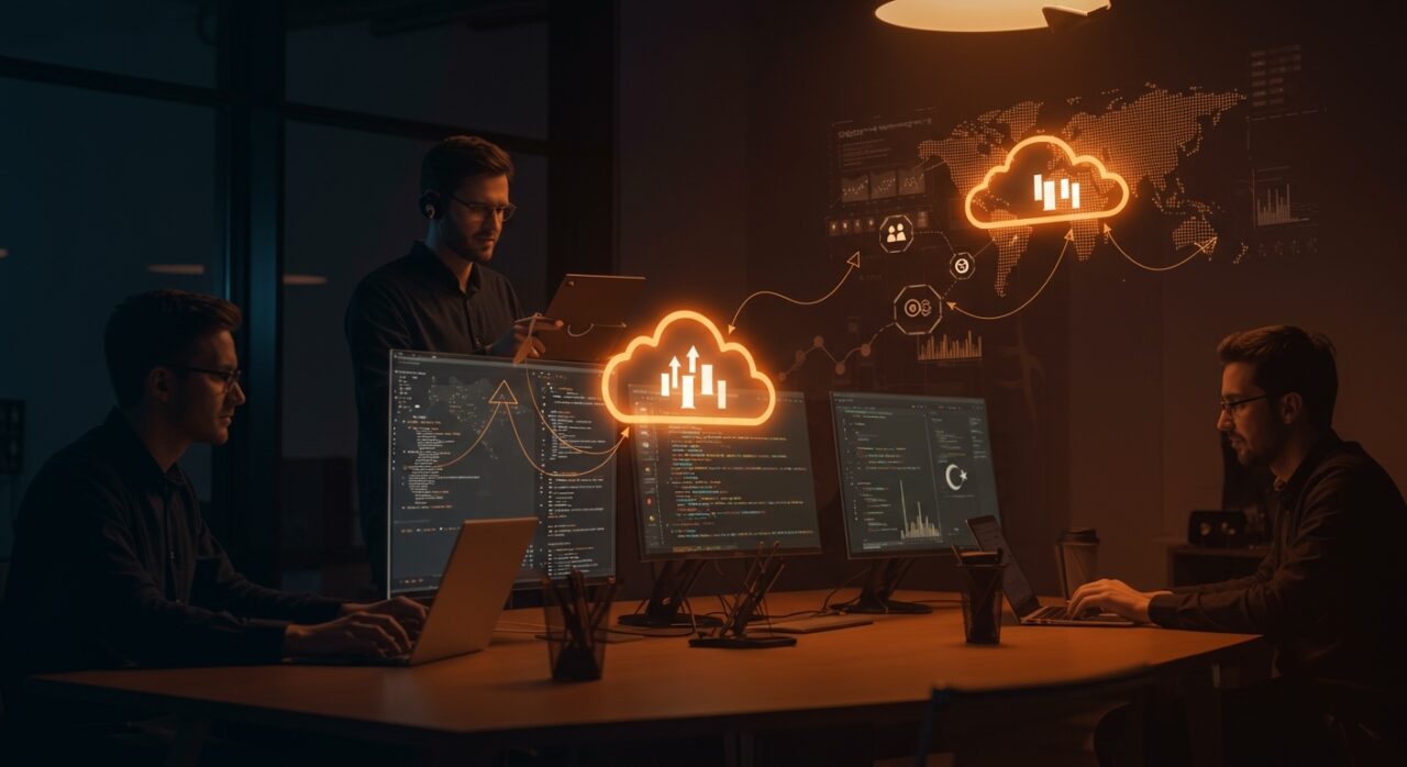 Ingenieros de software colaborando remotamente en infraestructura cloud open source representando a Ubicloud, startup YC y alternativa a AWS con enfoque en equity y salario competitivo.