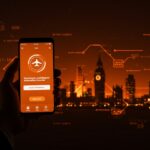 Representación de la digitalización gubernamental con autorización electrónica de viaje para UK ETA 2026 en un entorno futurista con colores naranja y negro.