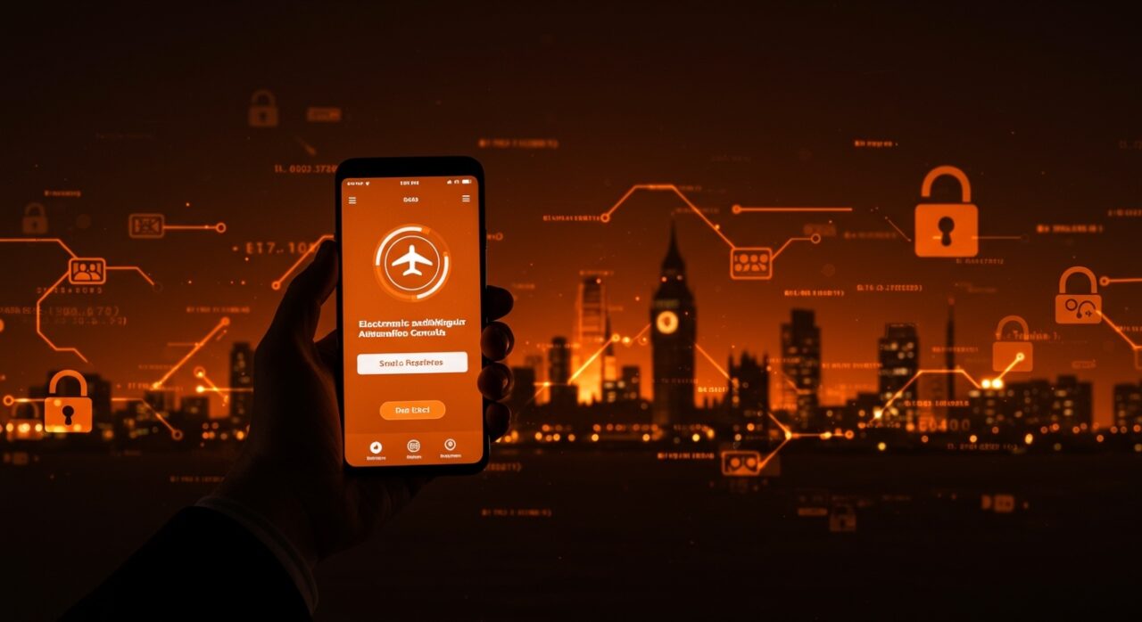 Representación de la digitalización gubernamental con autorización electrónica de viaje para UK ETA 2026 en un entorno futurista con colores naranja y negro.