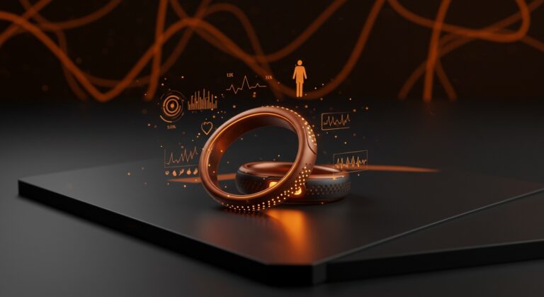 Ultrahuman Ring Pro anillo inteligente sobre fondo negro con datos holográficos y símbolos de tecnología healthtech, destacando innovación en mercado de wearables de salud.