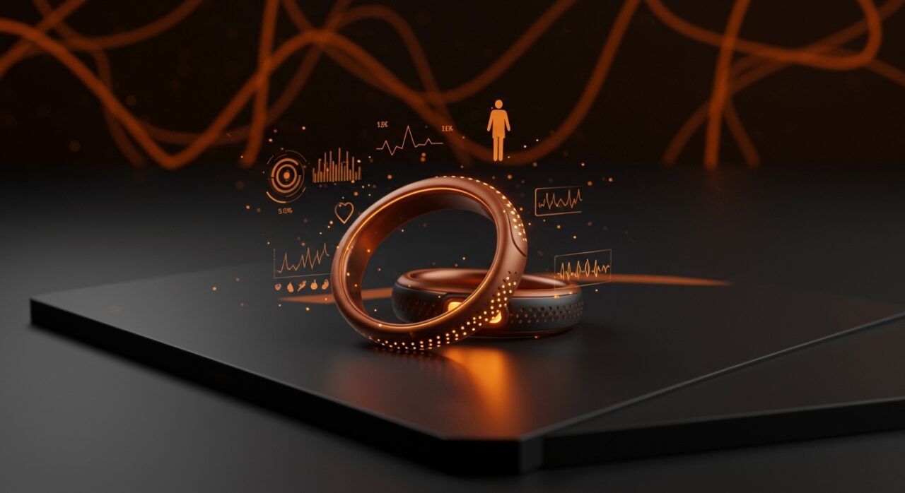 Ultrahuman Ring Pro anillo inteligente sobre fondo negro con datos holográficos y símbolos de tecnología healthtech, destacando innovación en mercado de wearables de salud.