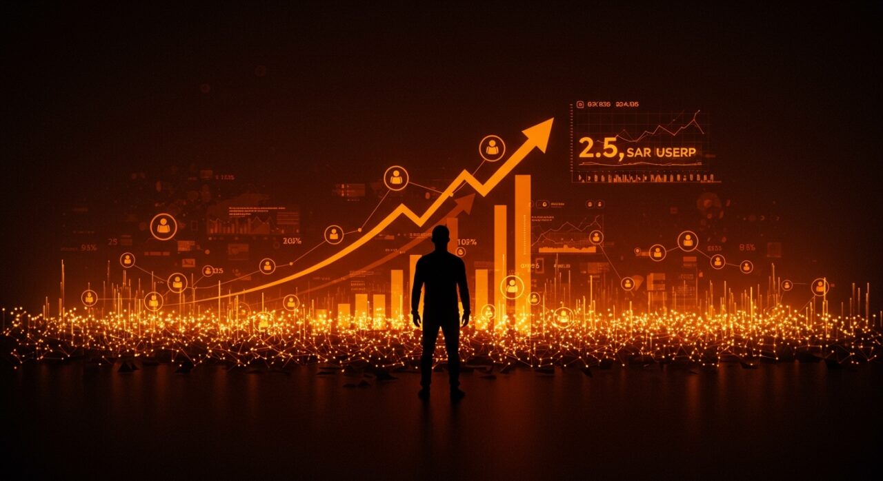 Crecimiento rápido en startups SaaS con 2.5 millones de usuarios representado por fundador tech frente a gráficos de crecimiento y redes digitales en colores naranja y negro.