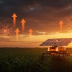 Robot agrícola autónomo solar trabajando en cultivo de maíz, representando innovación en agricultura sostenible y reducción de fertilizantes.