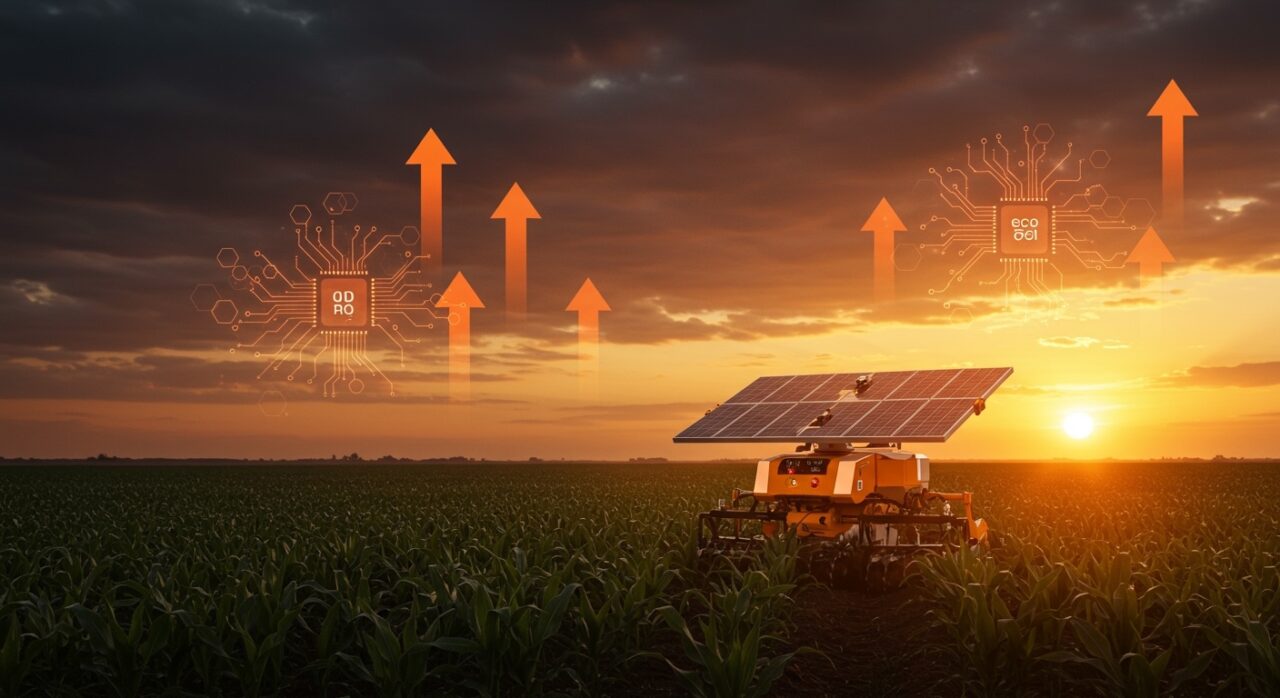 Robot agrícola autónomo solar trabajando en cultivo de maíz, representando innovación en agricultura sostenible y reducción de fertilizantes.