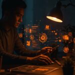 Diseñador trabajando en diseño iterativo y usabilidad inspirado en Windows 95 para productos SaaS, resaltando experiencia de usuario y prototipado rápido.